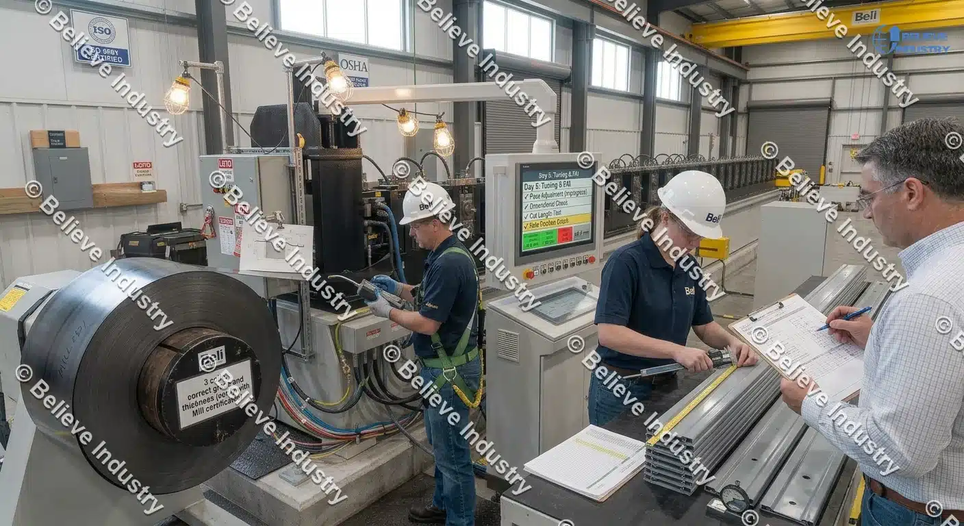 Roll forming line during first article inspection at commissioning
